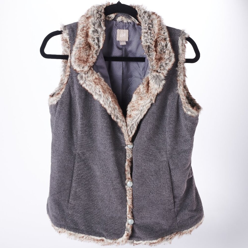 J Jill Gray Vest with Faux Fur - Button Up -Size Small